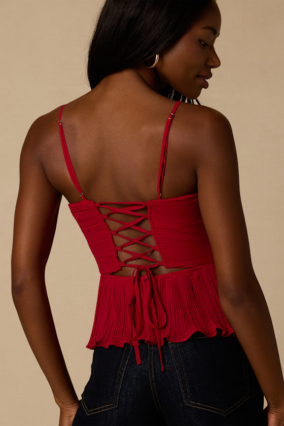 Toluca Dark Red Pleated Lace-Up Cami Top - thumbnail 5