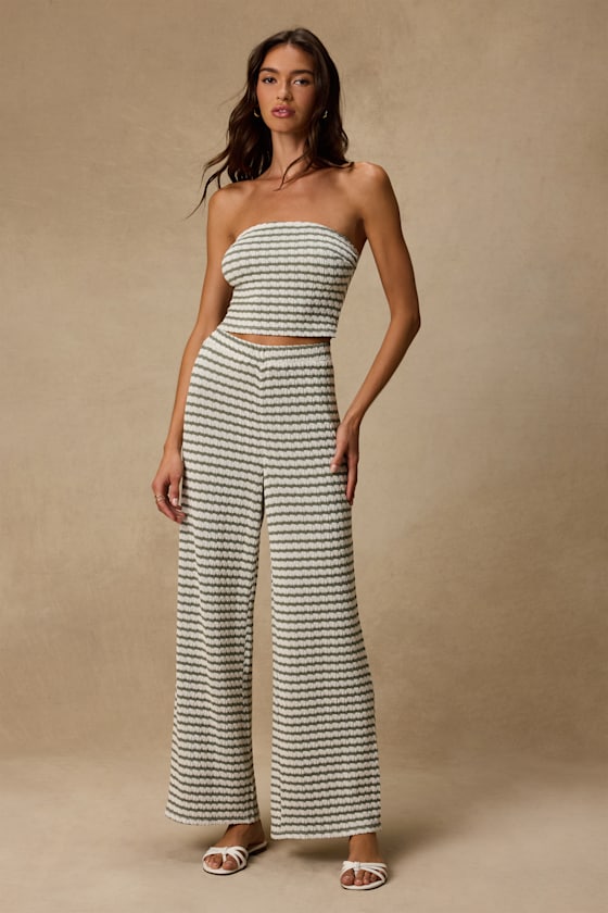 Esmira Ivory and Sage Striped Knit Wide-Leg Pants 1