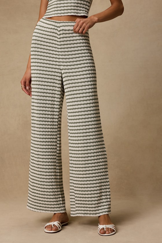 Esmira Ivory and Sage Striped Knit Wide-Leg Pants 2