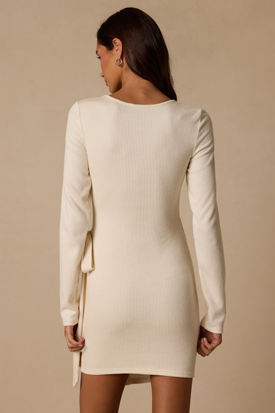 Winnie Cream Ribbed Knit Wrap Sweater Mini Dress - thumbnail 3