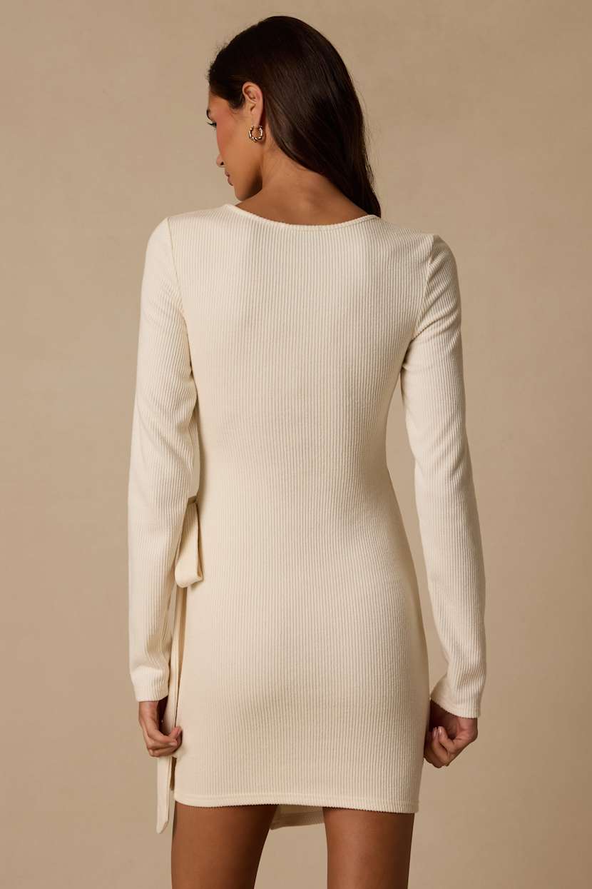 Cream Ribbed Knit Dress - Sweater Knit Dress - Wrap Mini Dress