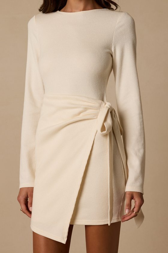 Winnie Cream Ribbed Knit Wrap Sweater Mini Dress - thumbnail 5