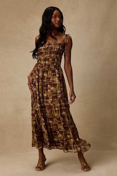 brown vacation dress Elise Cotton Voile Maxi Flowy Tiered Resort Sundress 6 88 72 125.5 M 8 92 76 126.5 L 10 100 84 127.5 XL 12 Casual Vacation Lantern Sleeve Slit