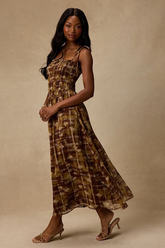 Rhodora Brown Multi Abstract Smocked Midi Dress - thumbnail 4