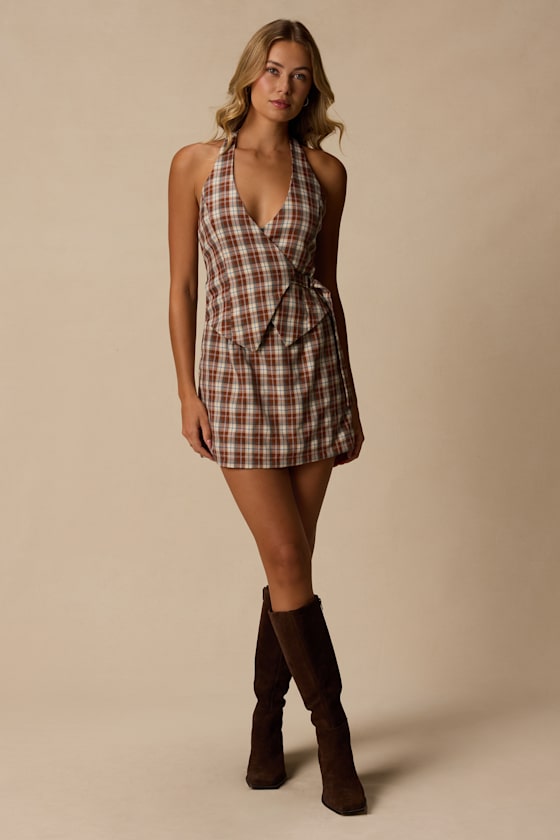 Lexi Brown Multi Plaid Surplice Mini Dress - thumbnail 3