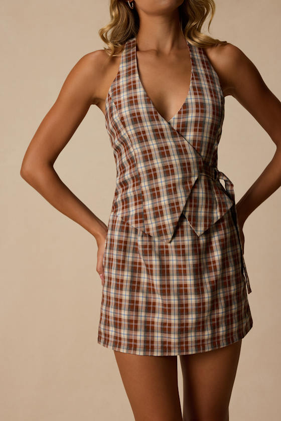 Lexi Brown Multi Plaid Surplice Mini Dress - thumbnail 4