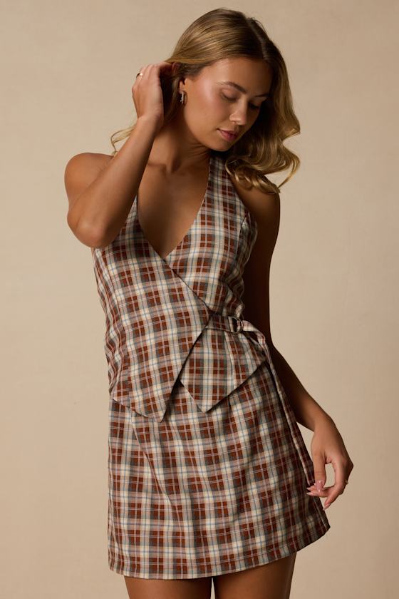 Lexi Brown Multi Plaid Surplice Mini Dress - thumbnail 5