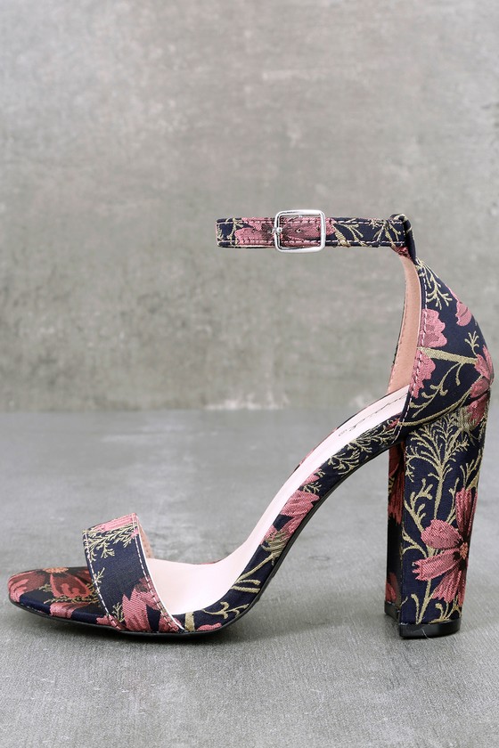 Leonora Mauve and Navy Brocade Ankle Strap Heels