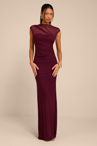Avalee Burgundy Mesh Cap Sleeve Maxi Dress 1