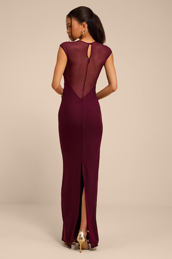 Avalee Burgundy Mesh Cap Sleeve Maxi Dress - thumbnail 4