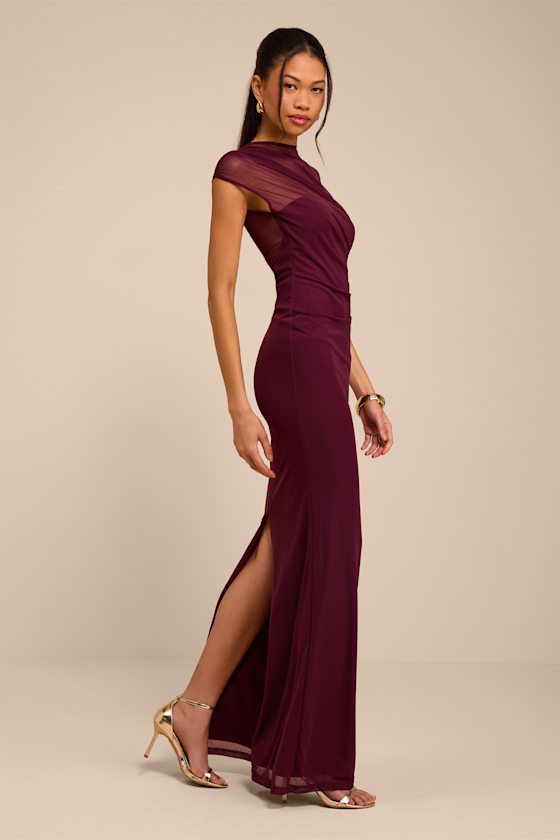 Avalee Burgundy Mesh Cap Sleeve Maxi Dress - thumbnail 5