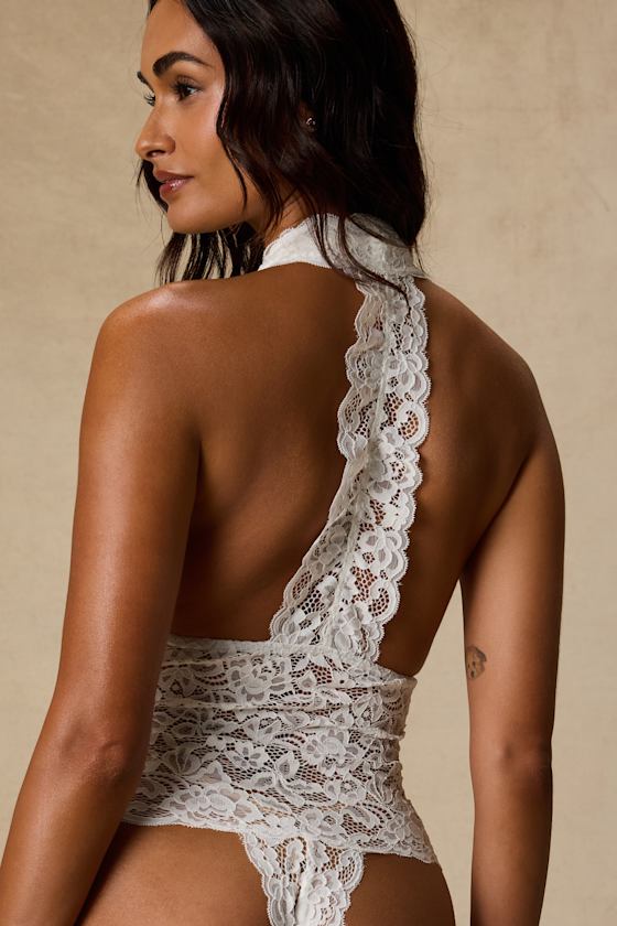 Lara Ivory Sheer Lace Halter Bodysuit 1