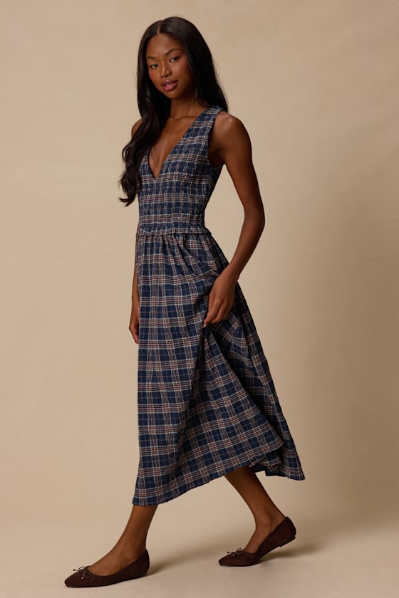 Rutherford Navy Blue Plaid Midi Dress - thumbnail 4