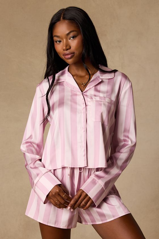 Patsy Pink Striped Satin Two-Piece Pajama Set 1