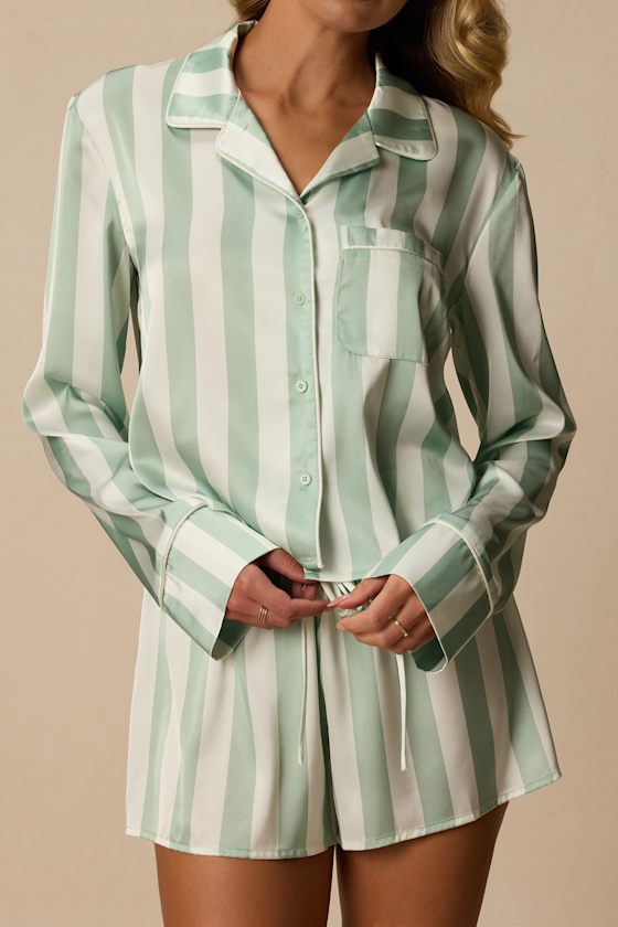 Patsy Mint Striped Satin Two-Piece Pajama Set - thumbnail 3