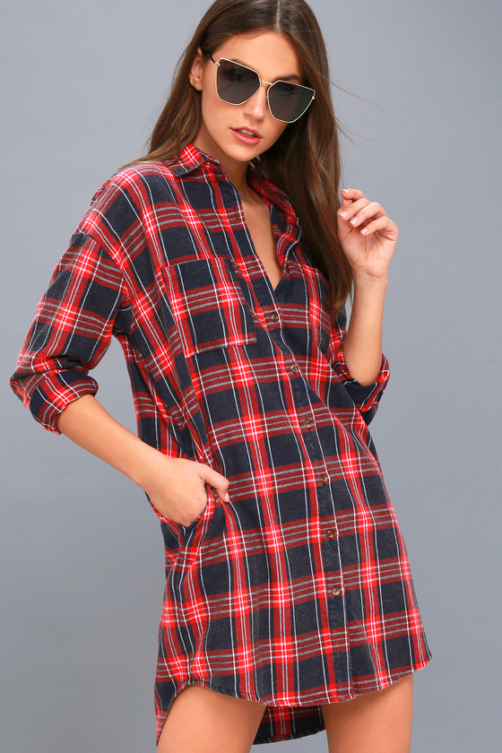 Cozy Flannel Dress Navy Blue and Red Dress Shirt Dress Cozy Flannel Dress Navy Blue and Red Dress Shirt Dress