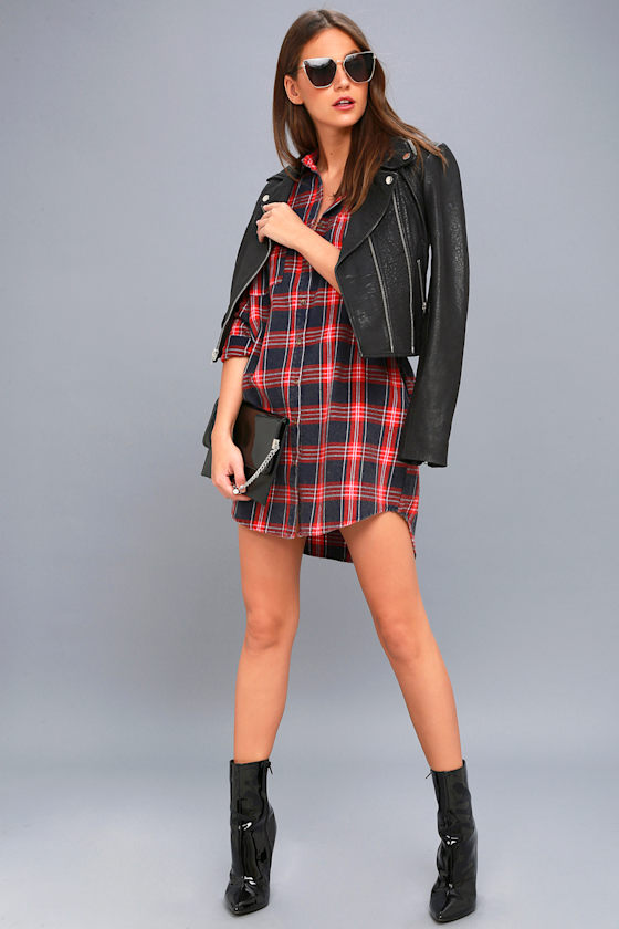 Cypress Navy Blue and Red Plaid Flannel Shirt Dress 1