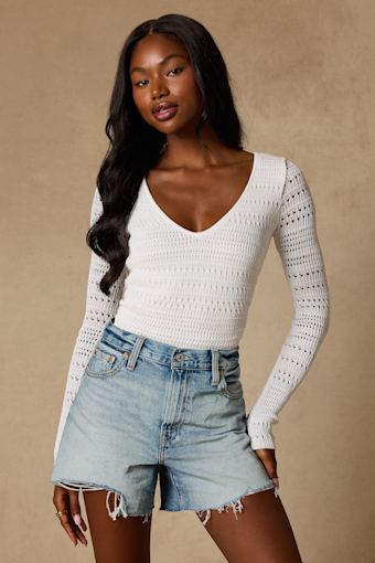 Sarai Ivory Crochet Knit Cutout Bodysuit 1