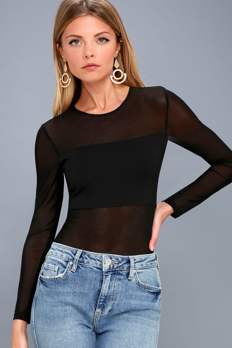 Sexy Black Bandeau Bodysuit - Long Sleeve Mesh Bodysuit - Lulus