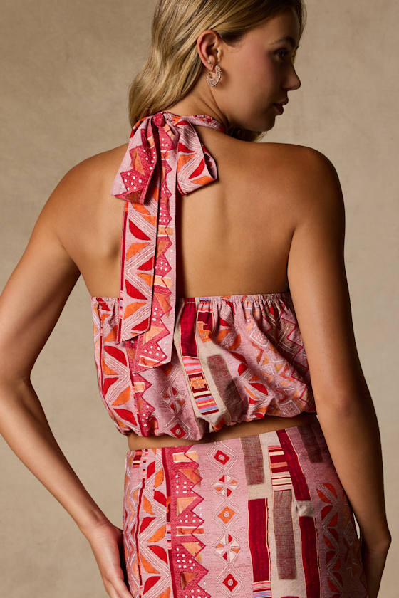 Lindley Pink Multi Boho Print Halter Top - thumbnail 3