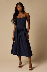 Elina Navy Pleated Midi Dress 1