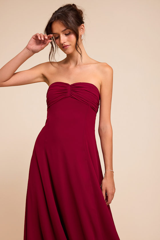 Kamalia Wine Red Strapless Maxi Dress 2