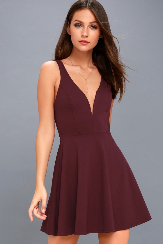 Sexy Plum Skater Dress - Strappy Skater Dress - V-Neck Dress - Lulus