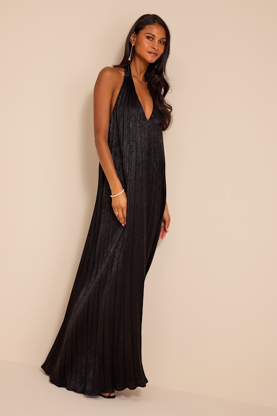 Gelsey Black Pleated Halter Shift Maxi Dress 1