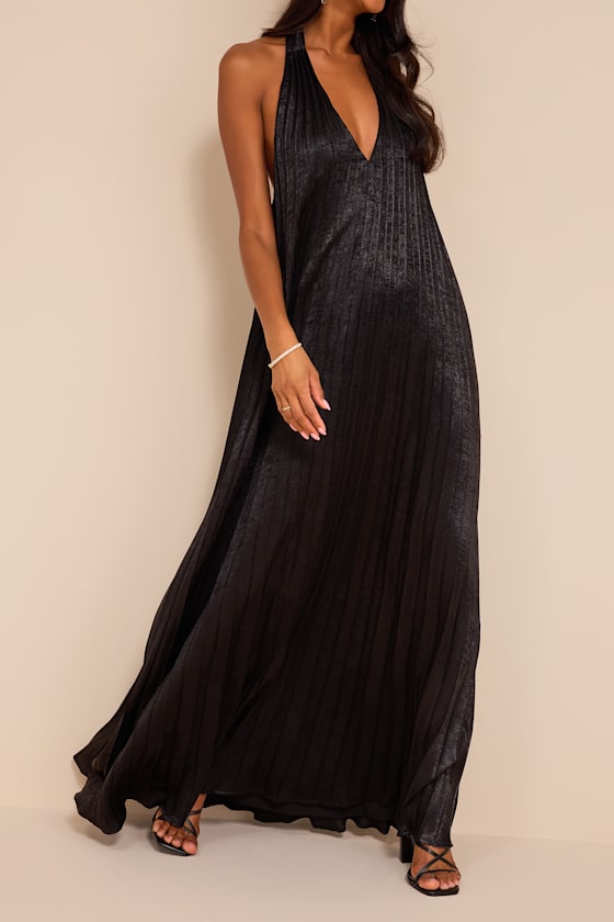 Gelsey Black Pleated Halter Shift Maxi Dress 2