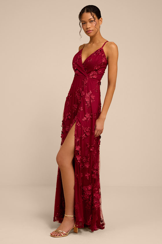 Rare Presence Burgundy 3D Floral Surplice Maxi Dress - thumbnail 4