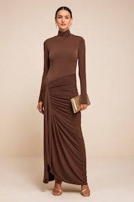 Tassana Brown Jersey Knit Mock Neck Maxi Dress 2