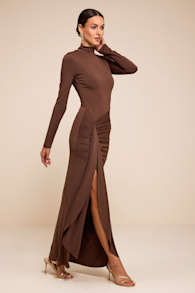 Tassana Brown Jersey Knit Mock Neck Maxi Dress 5