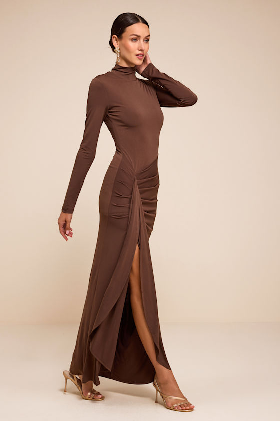 Tassana Brown Jersey Knit Mock Neck Maxi Dress 5