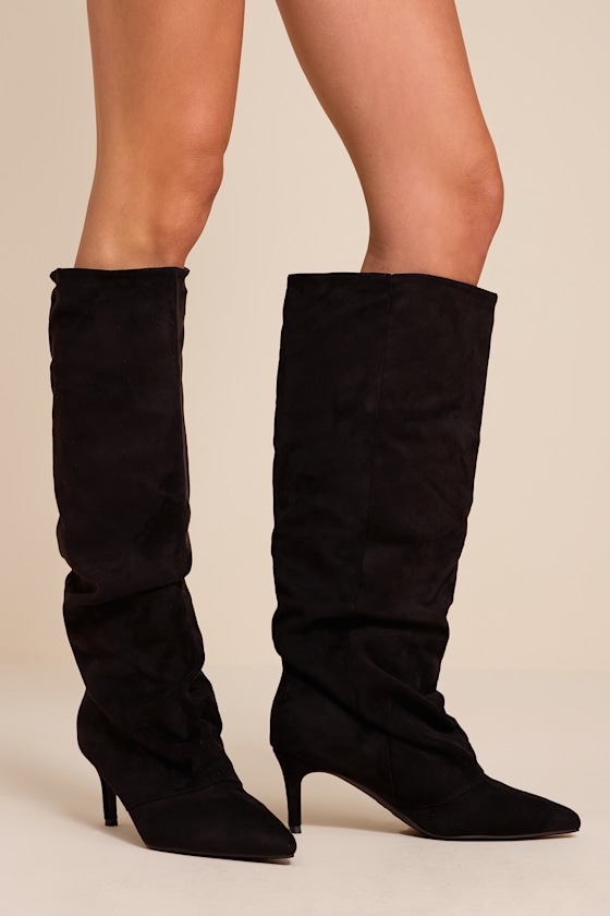 Maggie Black Suede Pointed-Toe Ruched Knee-High Boots