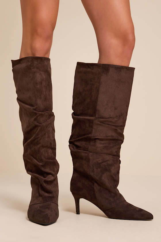 Maggie Brown Suede Pointed-Toe Ruched Knee-High Boots