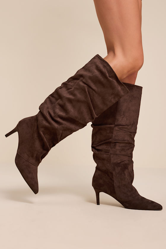 Maggie Brown Suede Pointed-Toe Ruched Knee-High Boots - thumbnail 3