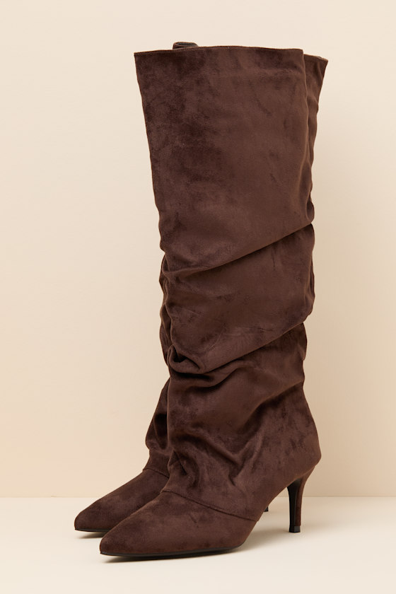 Maggie Brown Suede Pointed-Toe Ruched Knee-High Boots - thumbnail 5