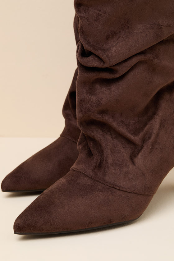Maggie Brown Suede Pointed-Toe Ruched Knee-High Boots - thumbnail 6
