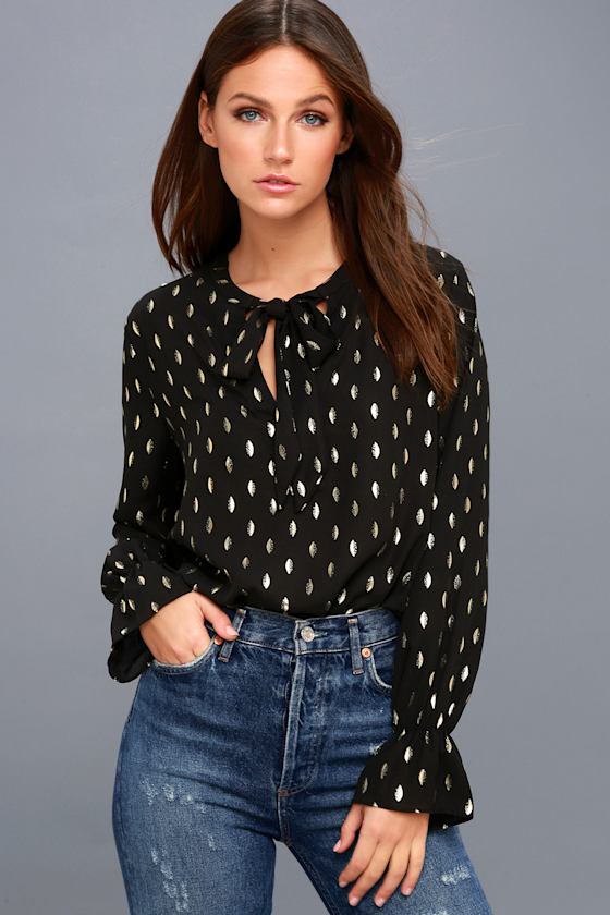 Gold-Detail Cutout Long Sleeve Top - Black