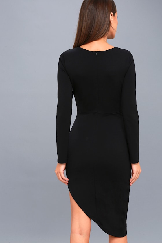 Chic Black Dress Long Sleeve Dress Asymmetrical Dress