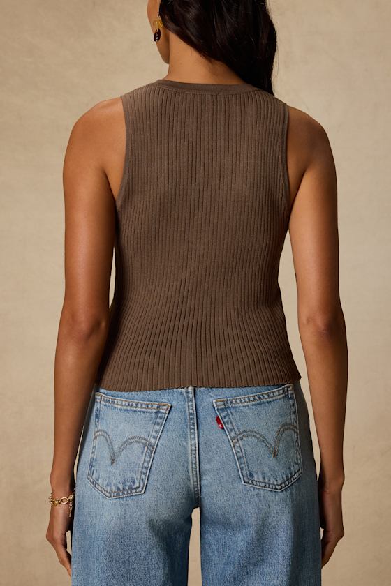 Conceptually Chic Brown Ribbed Knit Button-Front Tank Top - thumbnail 3
