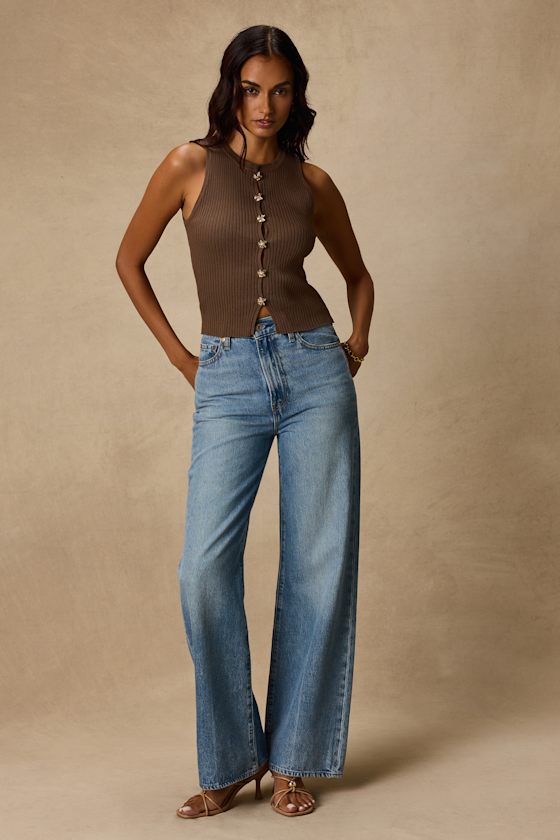 Conceptually Chic Brown Ribbed Knit Button-Front Tank Top - thumbnail 4