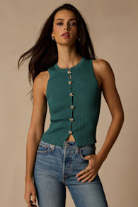 Conceptually Chic Teal Ribbed Knit Button-Front Tank Top 1