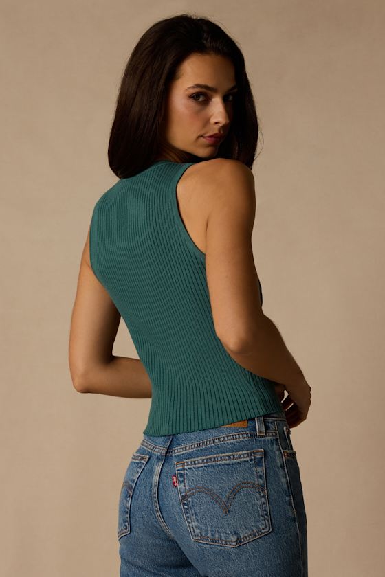Conceptually Chic Teal Ribbed Knit Button-Front Tank Top 2