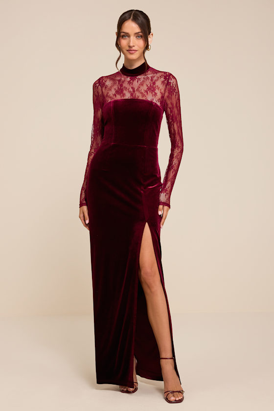 Avalia Burgundy Velvet Lace Mock Neck Maxi Dress 2