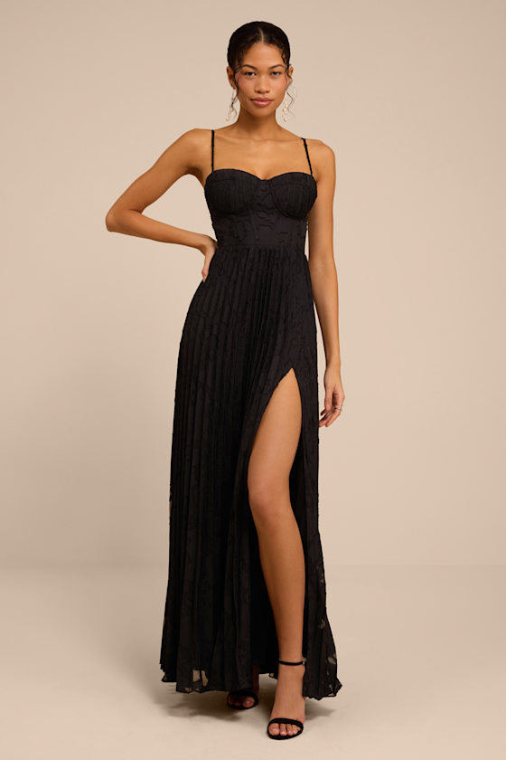 Dacie Black Floral Burnout Pleated Bustier Maxi Dress 1
