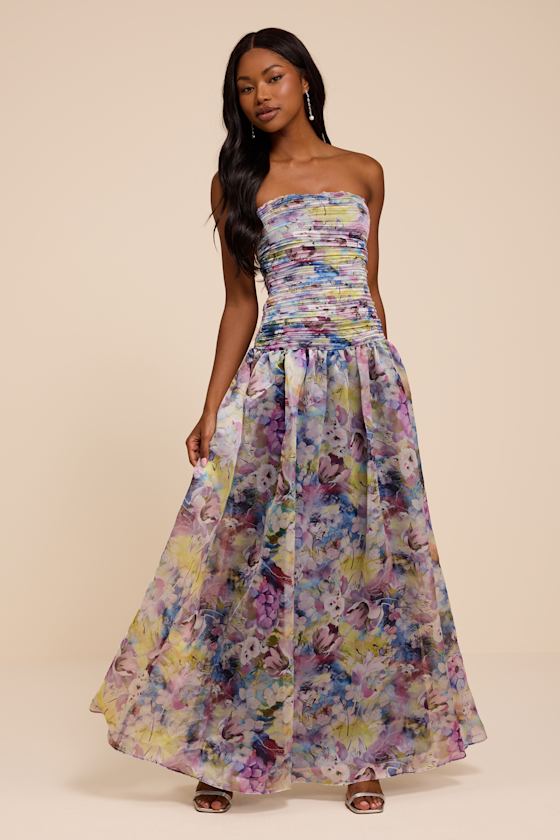 Kasandra Light Blue Multi Floral Organza Drop Waist Maxi Dress
