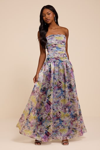 Kasandra Light Blue Multi Floral Organza Drop Waist Maxi Dress 1