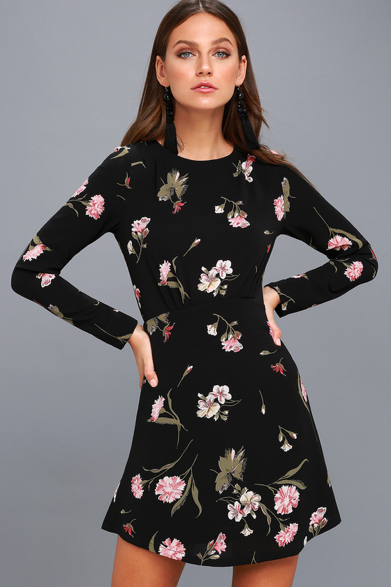 black long sleeve dress with flowers