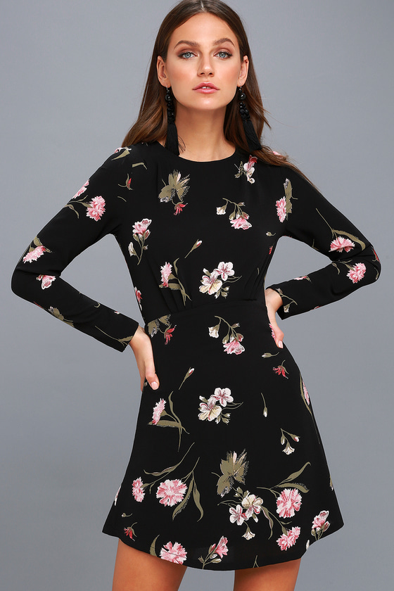 Kiefer Black Floral Print Long Sleeve Dress
